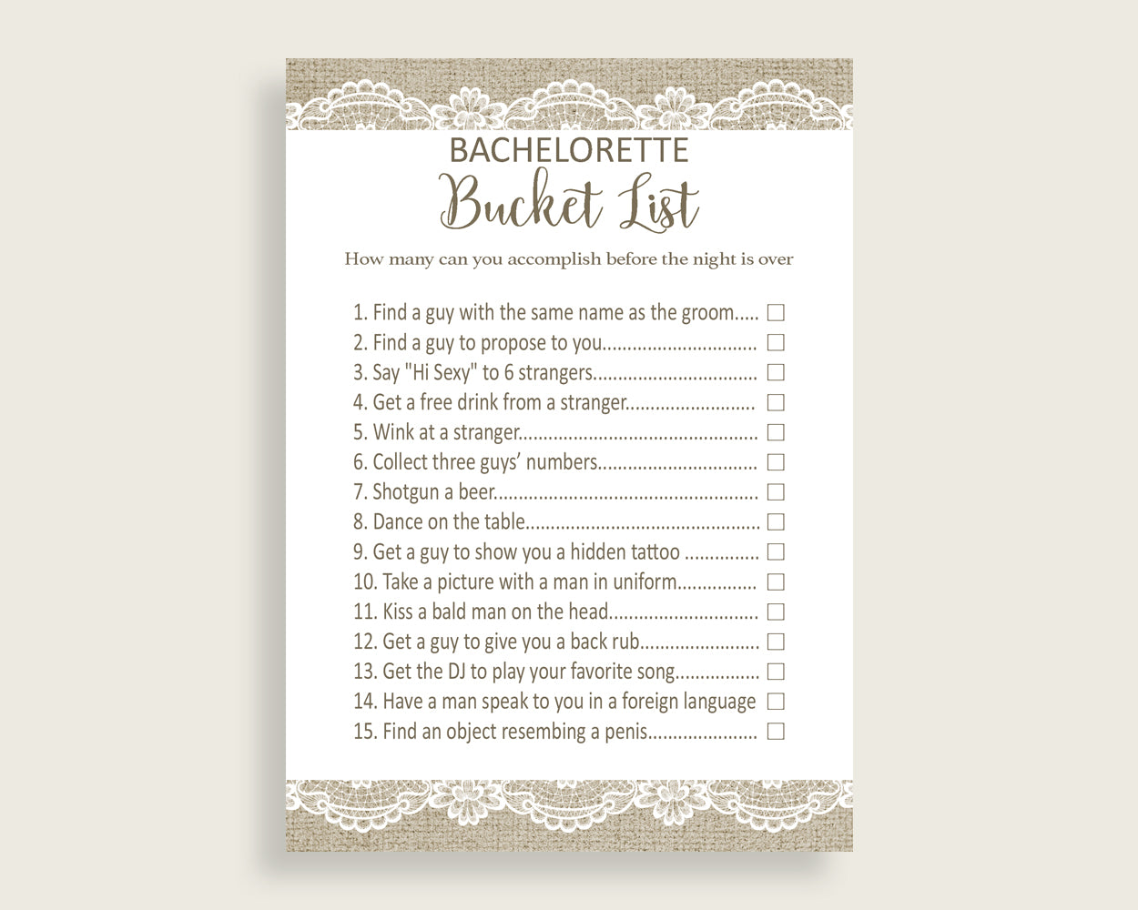 Bachelorette Bucket List Bridal Shower Bachelorette Bucket List Burlap And Lace Bridal Shower Bachelorette Bucket List Bridal Shower NR0BX