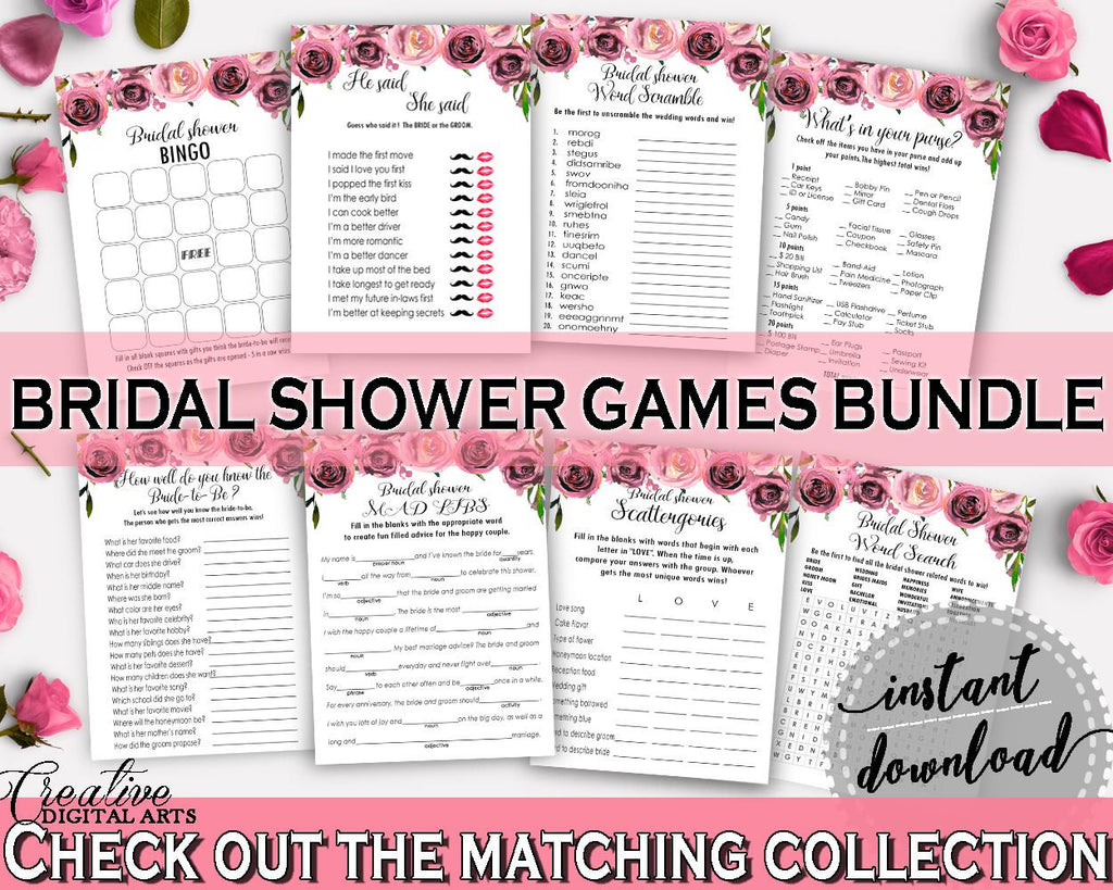 Games Bridal Shower Games Floral Bridal Shower Games Bridal Shower Floral Games Pink Purple paper supplies, shower activity, prints - BQ24C - Digital Product