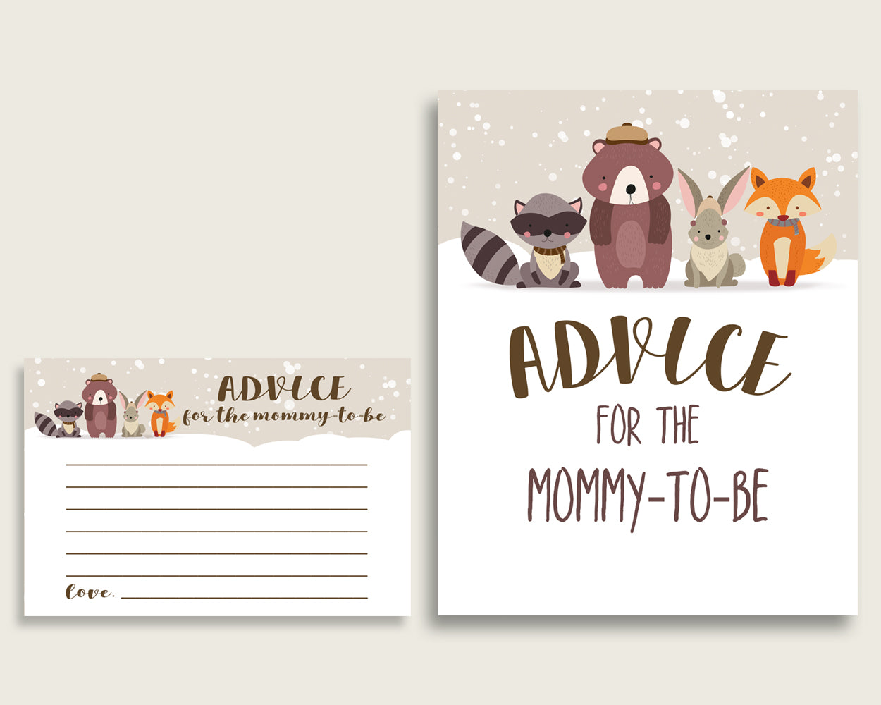 Winter Woodland Advice For Mommy To Be Cards & Sign, Printable Baby Shower Beige Brown Advice For New Parents, Instant Download, RM4SN