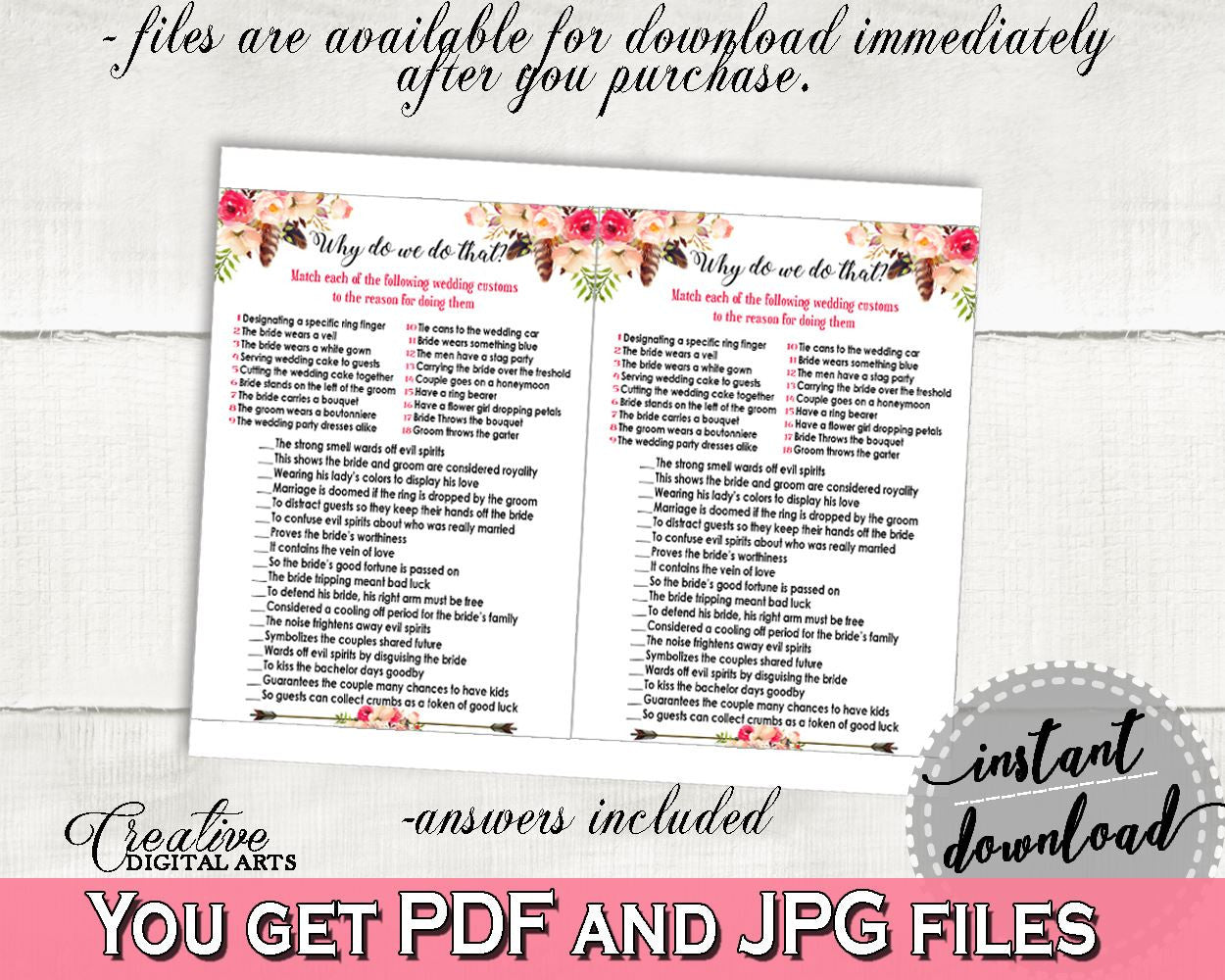 Why Do We Do That in Bohemian Flowers Bridal Shower Pink And Red Theme, tradition quiz game, pink red, shower activity, party theme - 06D7T - Digital Product