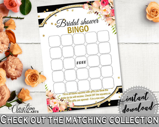 Black And Gold Flower Bouquet Black Stripes Bridal Shower Theme: Bingo Gift Game - bingo presents, bohemian shower, prints, pdf jpg - QMK20 - Digital Product