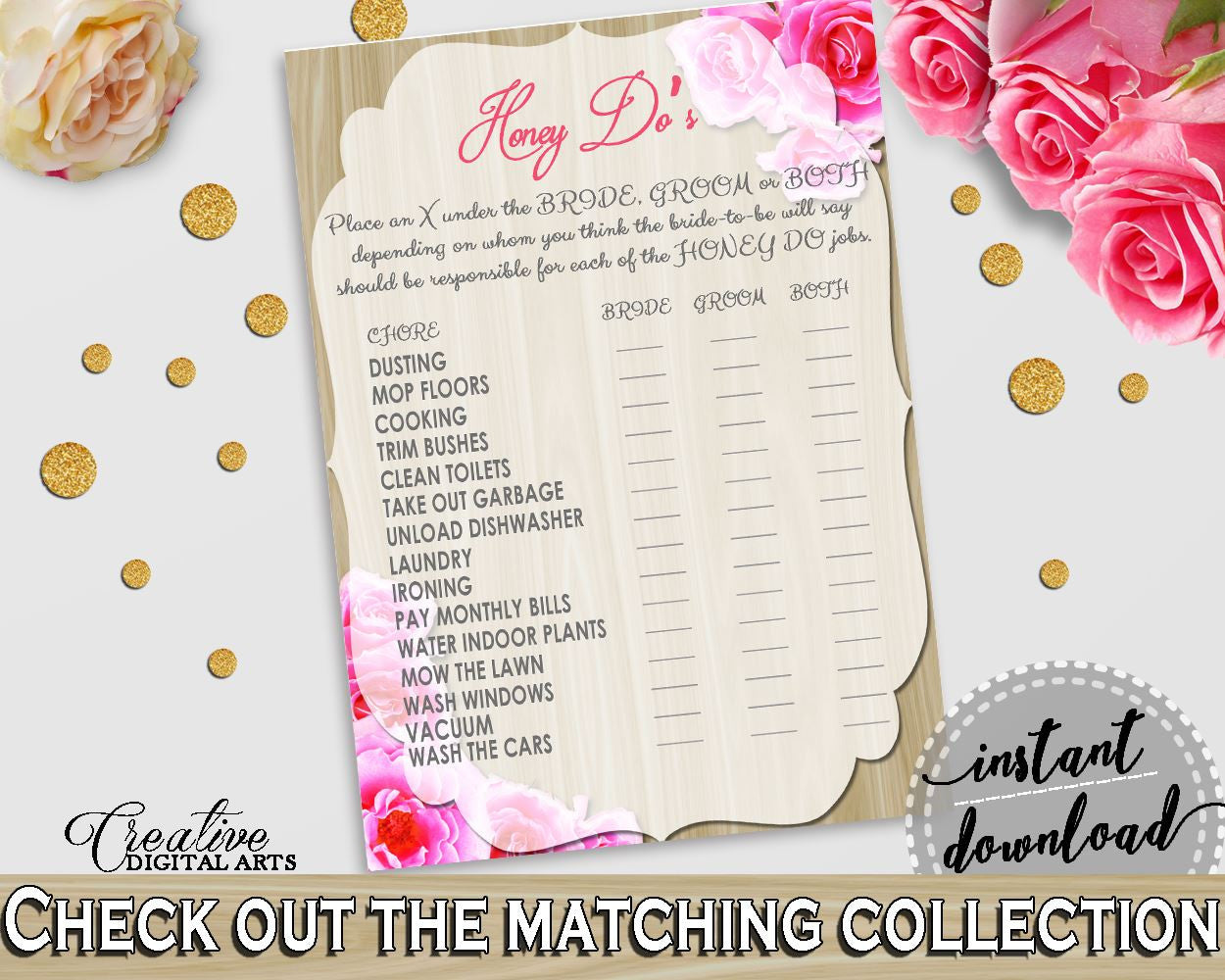 Roses On Wood Bridal Shower Honey Do List in Pink And Beige, honey do's bridal, beige wood, printables, prints, digital print - B9MAI - Digital Product