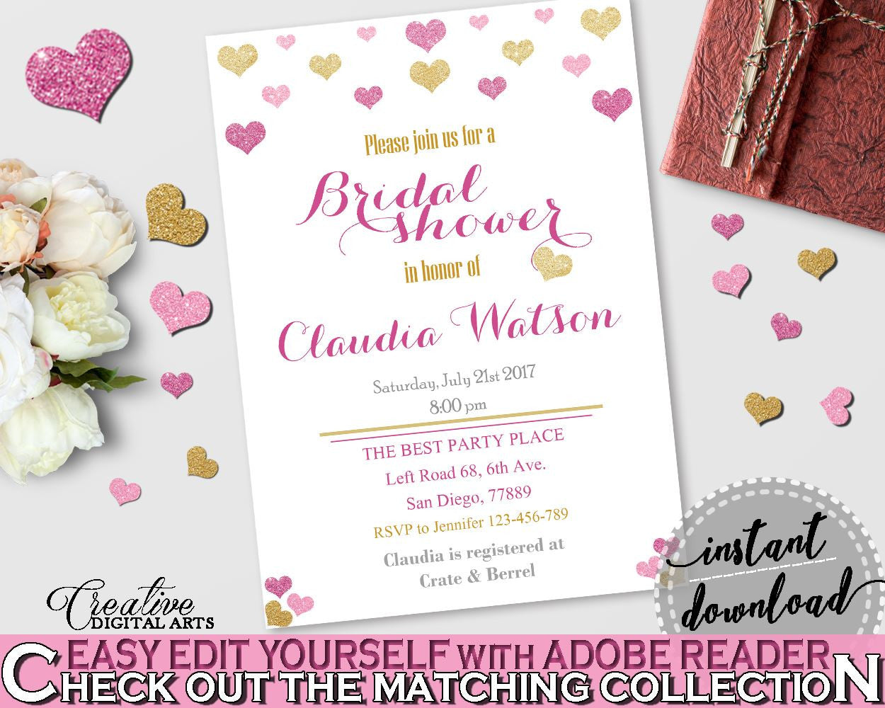 Glitter Hearts Bridal Shower Editable Bridal Shower Invitation in Gold And Pink, bridal shower invite,  glitter shower, pdf jpg - WEE0X - Digital Product