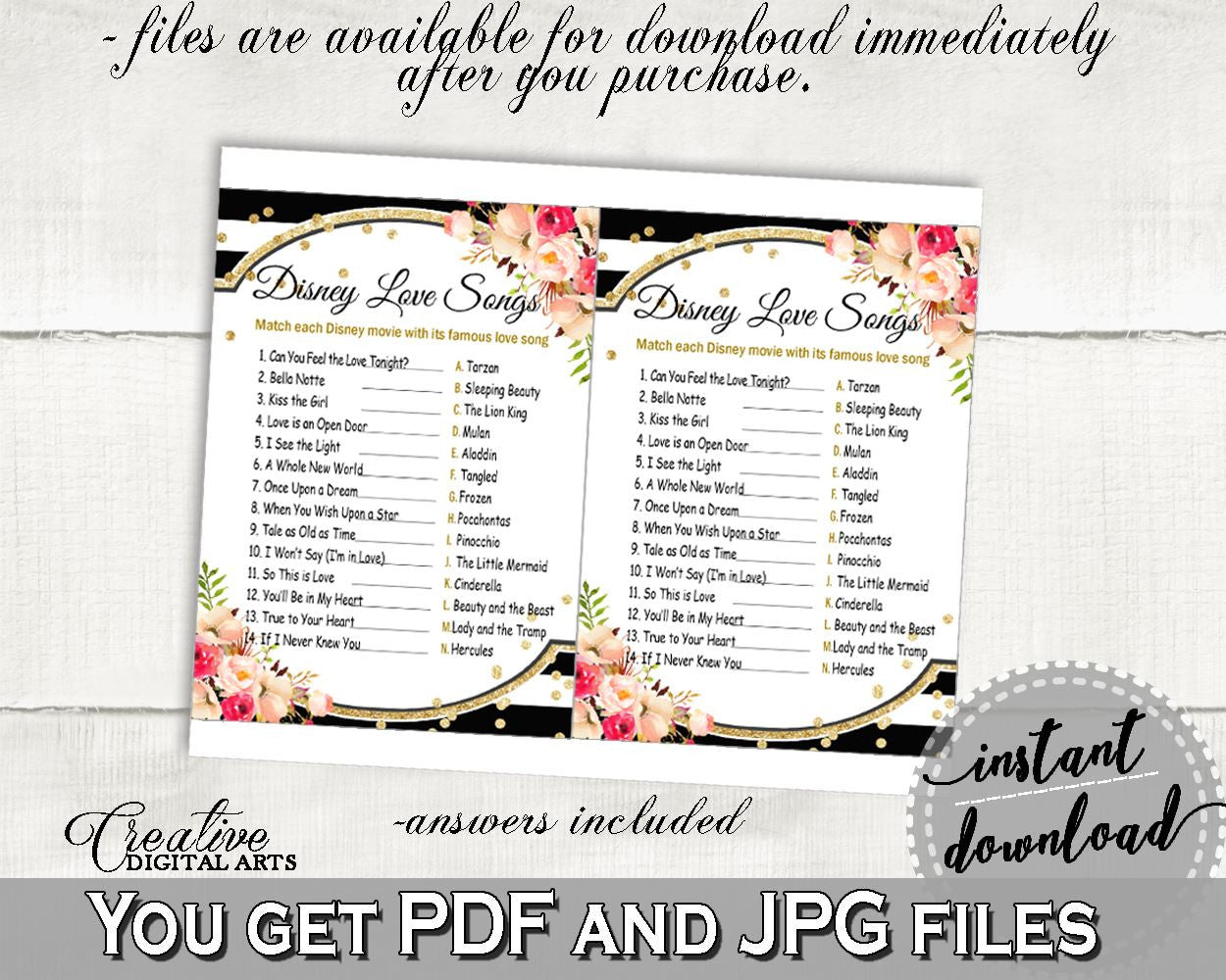 Black And Gold Flower Bouquet Black Stripes Bridal Shower Theme: Disney Love Songs Game - disney couple game, printables, prints - QMK20 - Digital Product