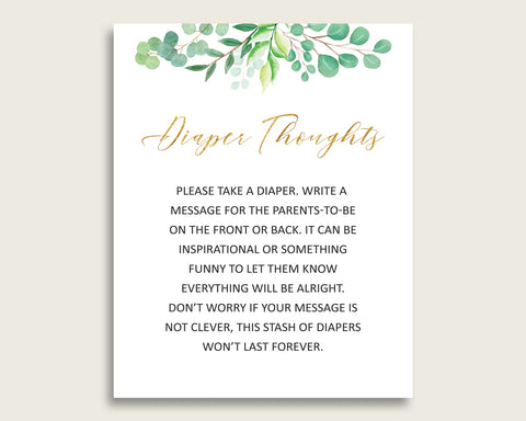 Greenery Baby Shower Diaper Thoughts Printable, Gender Neutral Green Gold Late Night Diaper Sign, Words For Wee Hours, Write On Diaper Y8X33