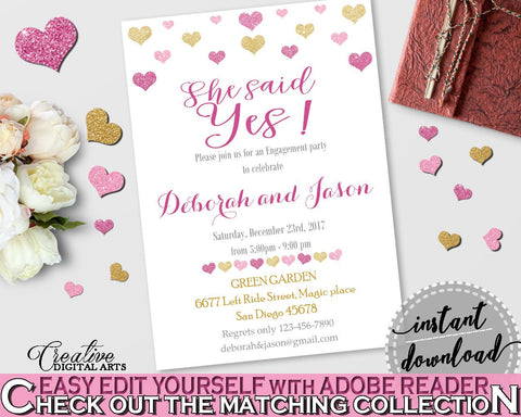 She Said Yes Invitation Editable in Glitter Hearts Bridal Shower Gold And Pink Theme, bridal invitation,  glitter hearts, prints - WEE0X - Digital Product