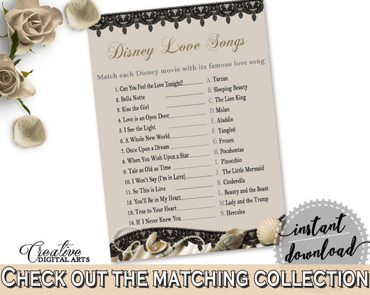 Disney Love Songs Game in Seashells And Pearls Bridal Shower Brown And Beige Theme, disney themed game, party planning, party plan - 65924 - Digital Product