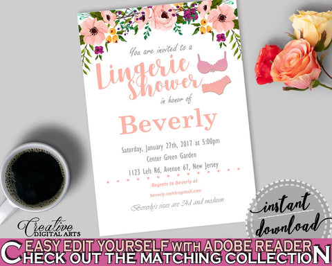 Watercolor Flowers Bridal Shower Lingerie Shower Invitation Editable in White And Pink, pdf invitation, party décor, party ideas - 9GOY4 - Digital Product