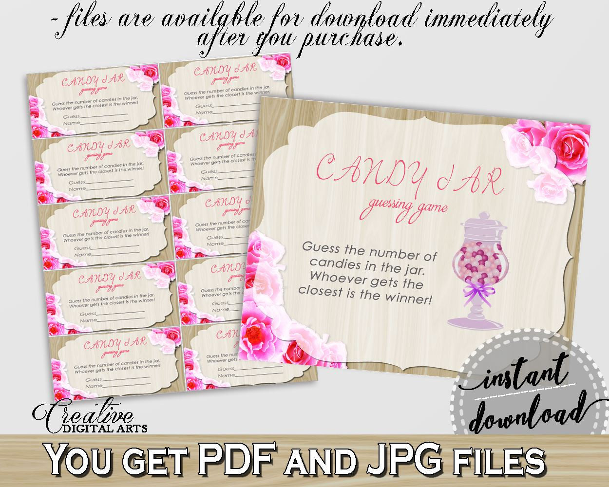 Roses On Wood Bridal Shower Candy Guessing Game in Pink And Beige, guessing games, beige wood, printables, prints, digital print - B9MAI - Digital Product