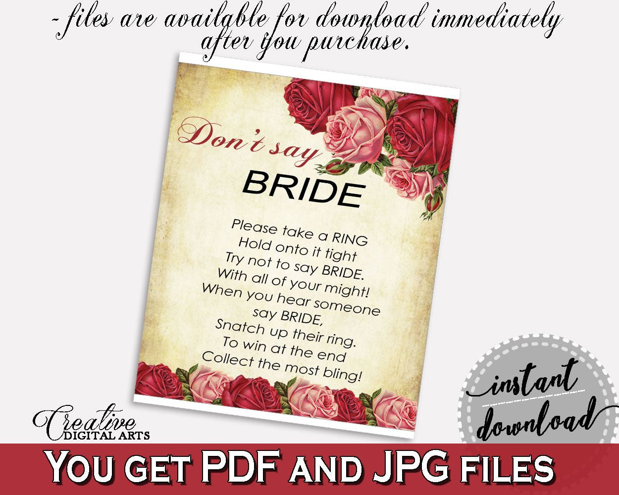 Don't Say Bride Bridal Shower Don't Say Bride Vintage Bridal Shower Don't Say Bride Bridal Shower Vintage Don't Say Bride Red Pink XBJK2 - Digital Product