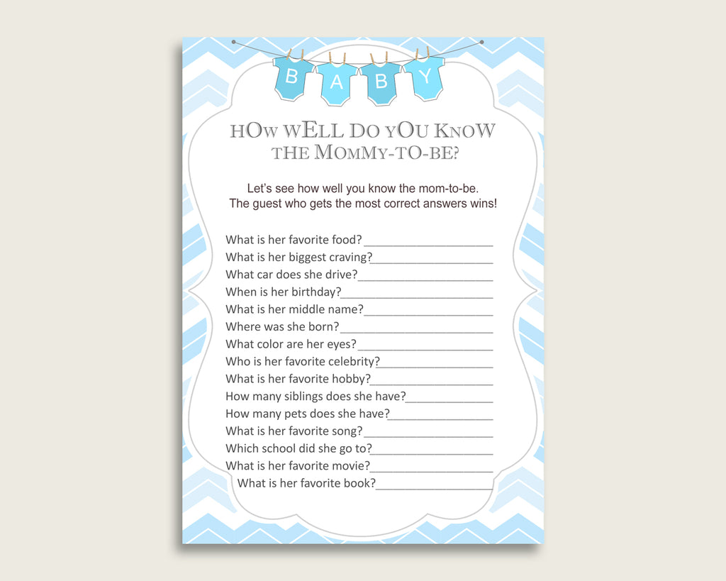 Blue White How Well Do You Know Mommy Game, Chevron Baby Shower Boy, Who Knows Mommy Best Printable, Light Blue Zig Zag Theme cbl01
