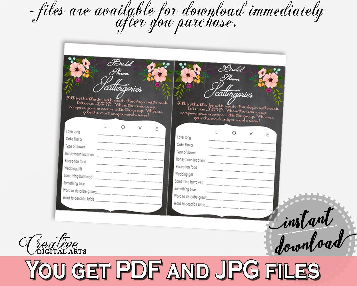 Scattergories Game in Chalkboard Flowers Bridal Shower Black And Pink Theme, couples shower game, chalkboard floral, party plan - RBZRX - Digital Product