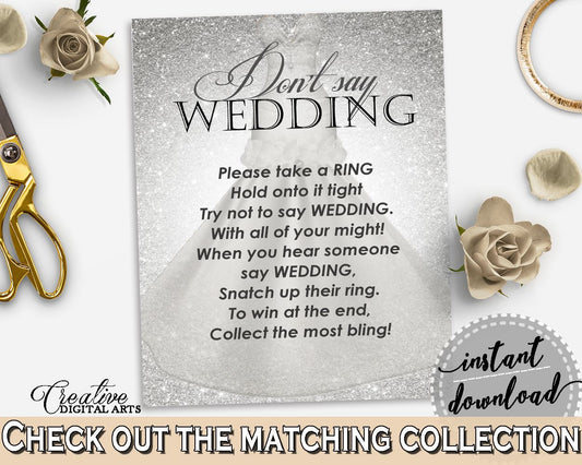 Silver Wedding Dress Bridal Shower Don't Say Wedding Game in Silver And White, the word wedding, cool shower, party supplies, prints - C0CS5 - Digital Product