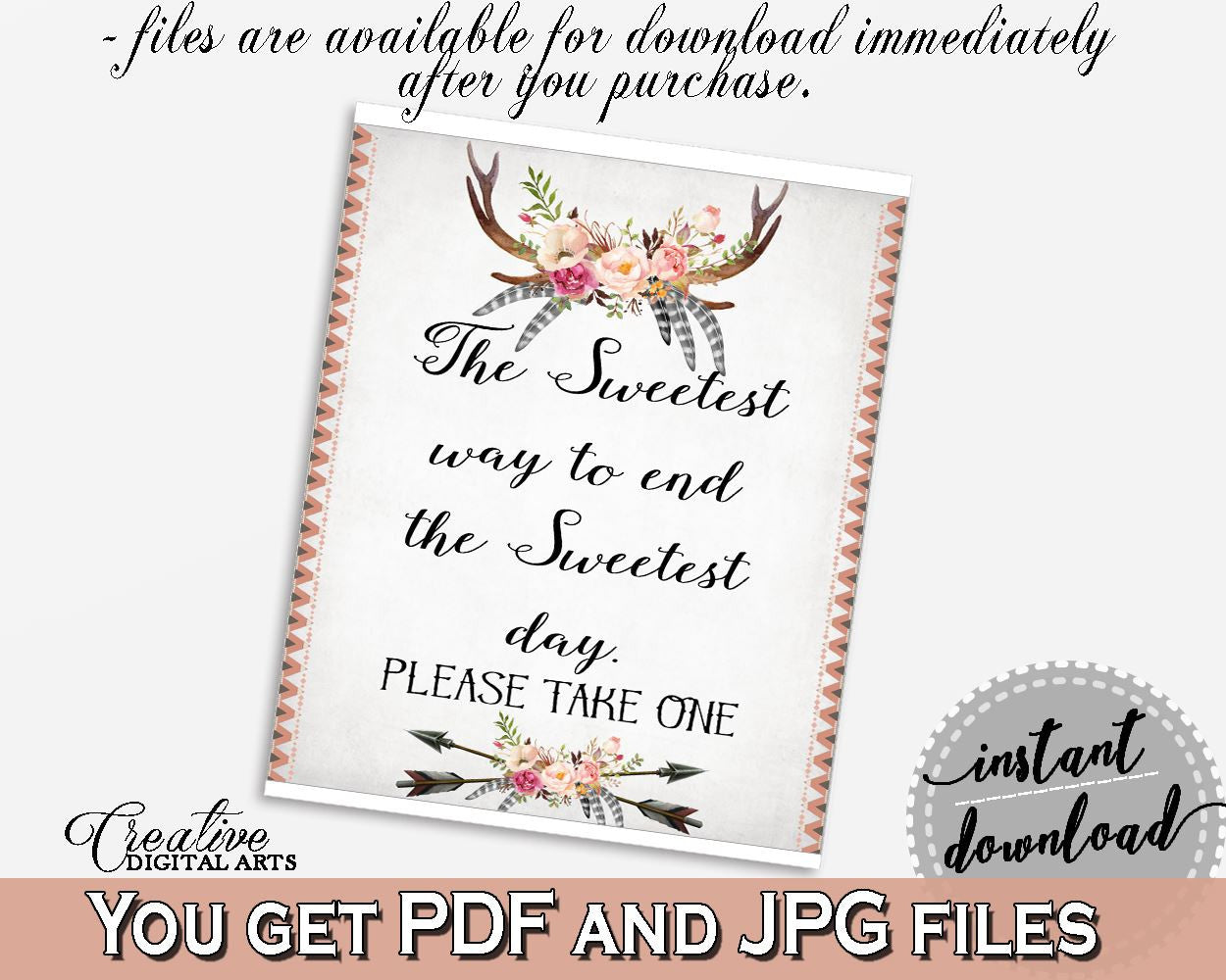 Antlers Flowers Bohemian Bridal Shower The Sweetest Way To End The Sweets Day in Gray and Pink, table sign, party planning, prints - MVR4R - Digital Product