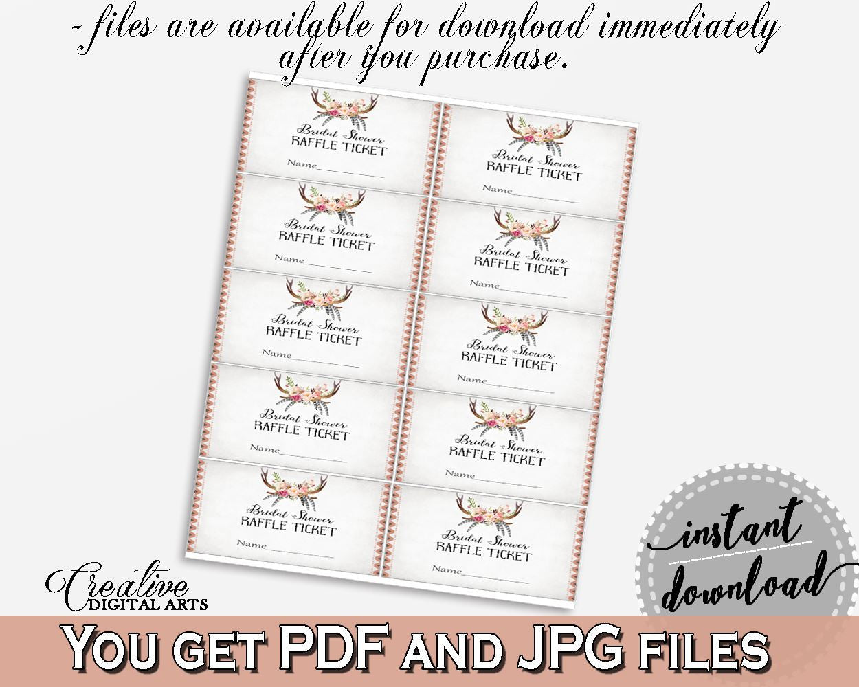 Raffle Ticket in Antlers Flowers Bohemian Bridal Shower Gray and Pink Theme, hand write ticket, grey pink, party planning, prints - MVR4R - Digital Product