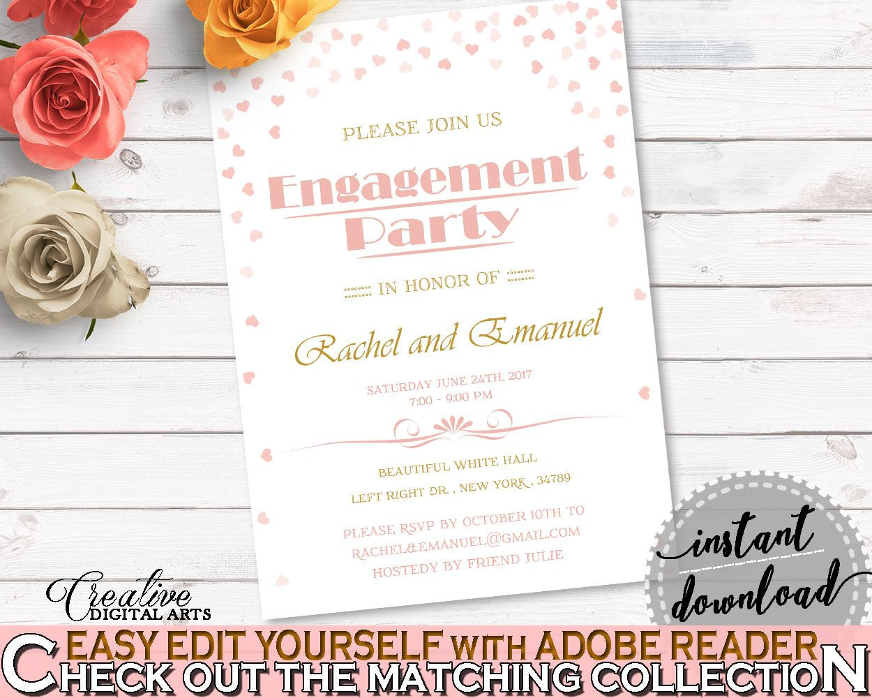 Engagement Party Invitation Bridal Shower Engagement Party Invitation Pink And Gold Bridal Shower Engagement Party Invitation Bridal XZCNH - Digital Product