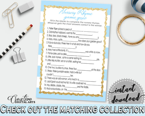 Baby Shower printable NURSERY RHYME QUIZ game with blue and white strips, glitter gold, digital files, instant download - bs002