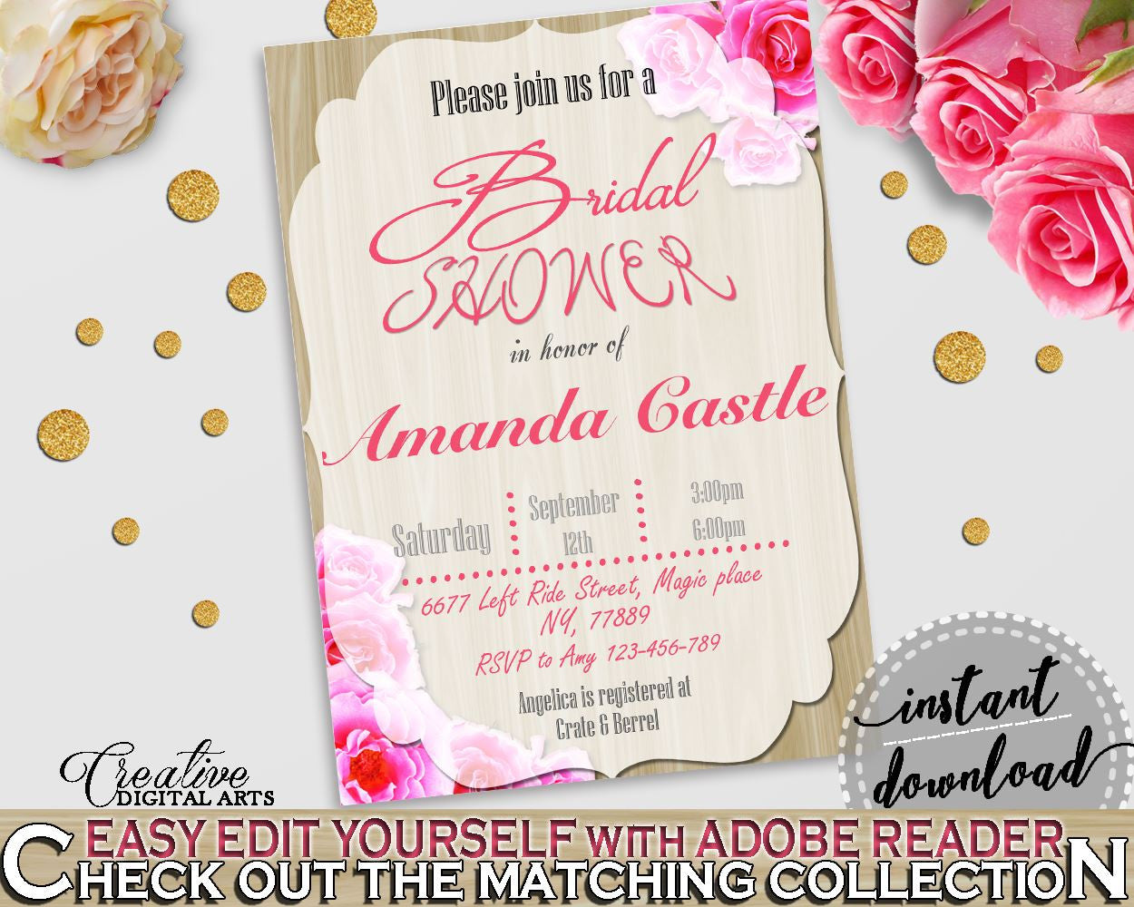 Roses On Wood Bridal Shower Editable Bridal Shower Invitation in Pink And Beige, bridal editable, flowers wood, customizable files - B9MAI - Digital Product