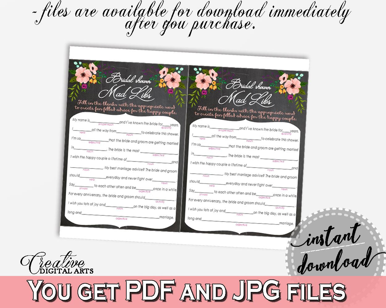 Chalkboard Flowers Bridal Shower Mad Libs Game in Black And Pink, verb, chalk bridal shower, shower activity, party theme, prints - RBZRX - Digital Product