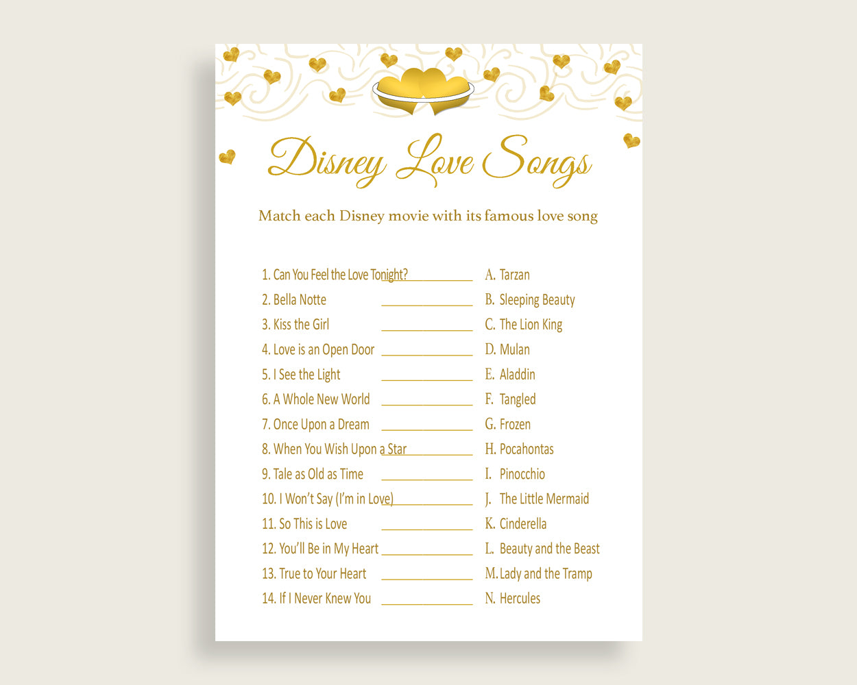 Disney Love Songs Game Bridal Shower Disney Love Songs Game Gold Hearts Bridal Shower Disney Love Songs Game Bridal Shower Gold Hearts 6GQOT