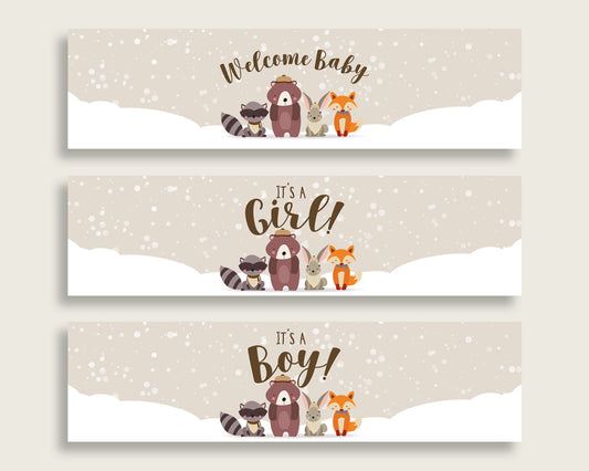 Beige Brown Water Bottle Labels Printable, Winter Woodland Water Bottle Wraps, Winter Woodland Baby Shower Gender Neutral Bottle RM4SN