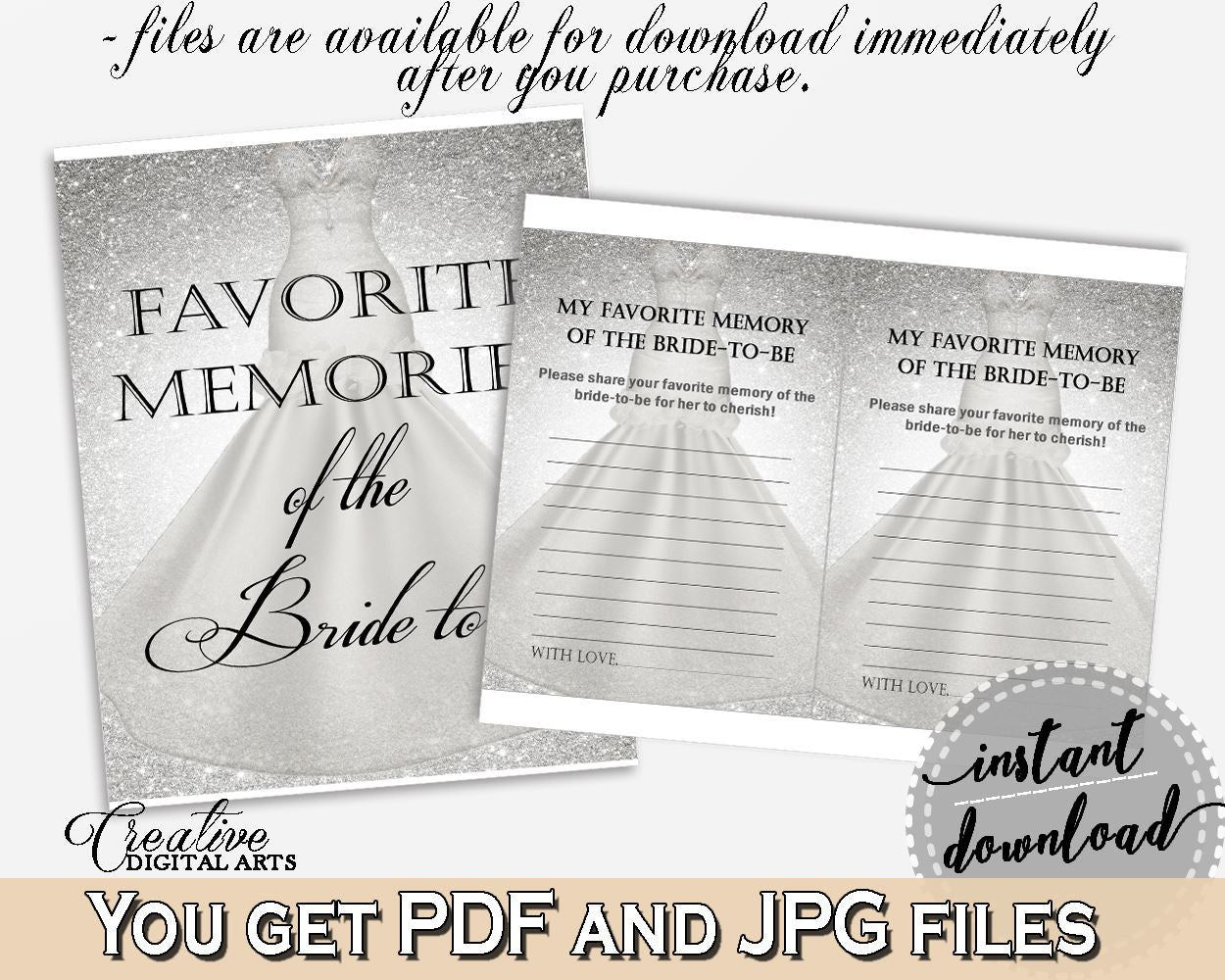 Silver And White Silver Wedding Dress Bridal Shower Theme: Favorite Memories Of The Bride To Be - memories of bride, party stuff - C0CS5 - Digital Product