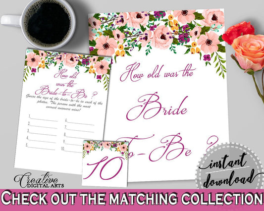 White And Pink Watercolor Flowers Bridal Shower Theme: How Old Was The Bride To Be - how old was fiancée, party planning, prints - 9GOY4 - Digital Product