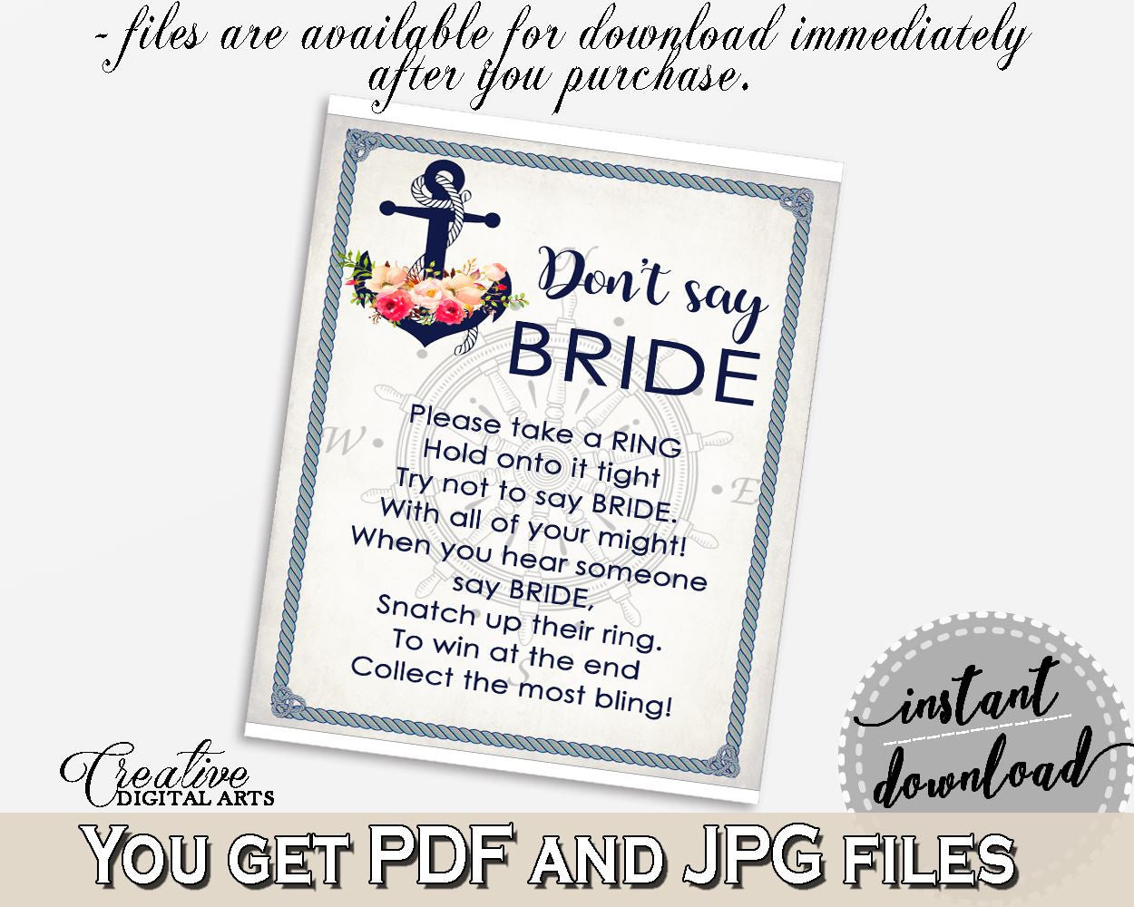 Nautical Anchor Flowers Bridal Shower Don't Say Bride in Navy Blue, don't say a word, sail shower, digital print, party supplies - 87BSZ - Digital Product