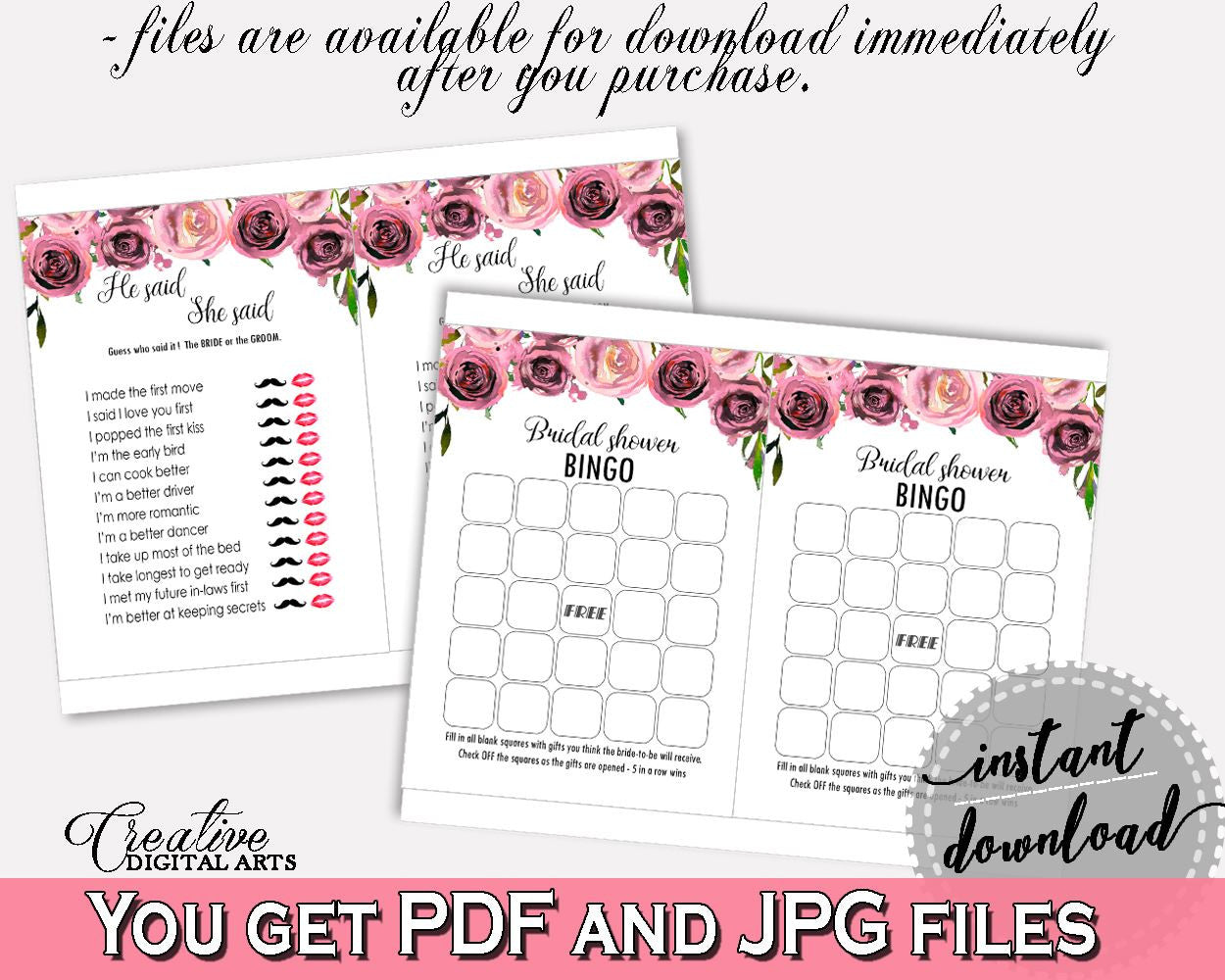 Games Bridal Shower Games Floral Bridal Shower Games Bridal Shower Floral Games Pink Purple paper supplies, shower activity, prints - BQ24C - Digital Product