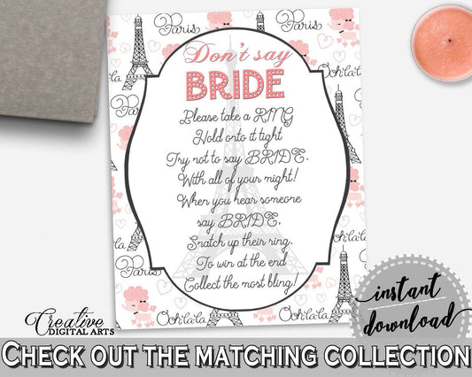 Pink And Gray Paris Bridal Shower Theme: Don't Say Bride - bachelorette game, french bridal shower, party décor, party ideas, prints - NJAL9 - Digital Product