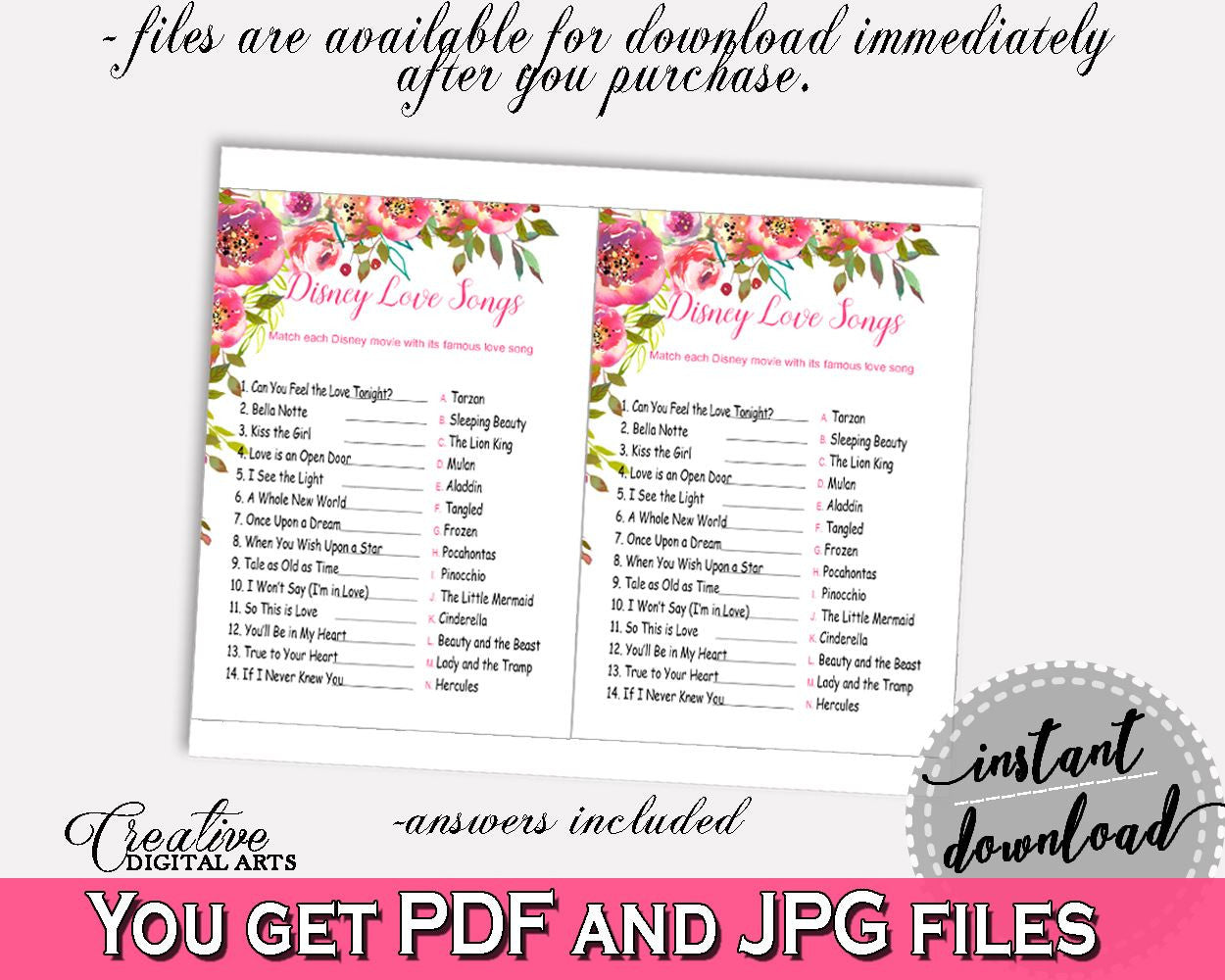 Disney Love Songs Game Bridal Shower Disney Love Songs Game Spring Flowers Bridal Shower Disney Love Songs Game Bridal Shower Spring UY5IG - Digital Product