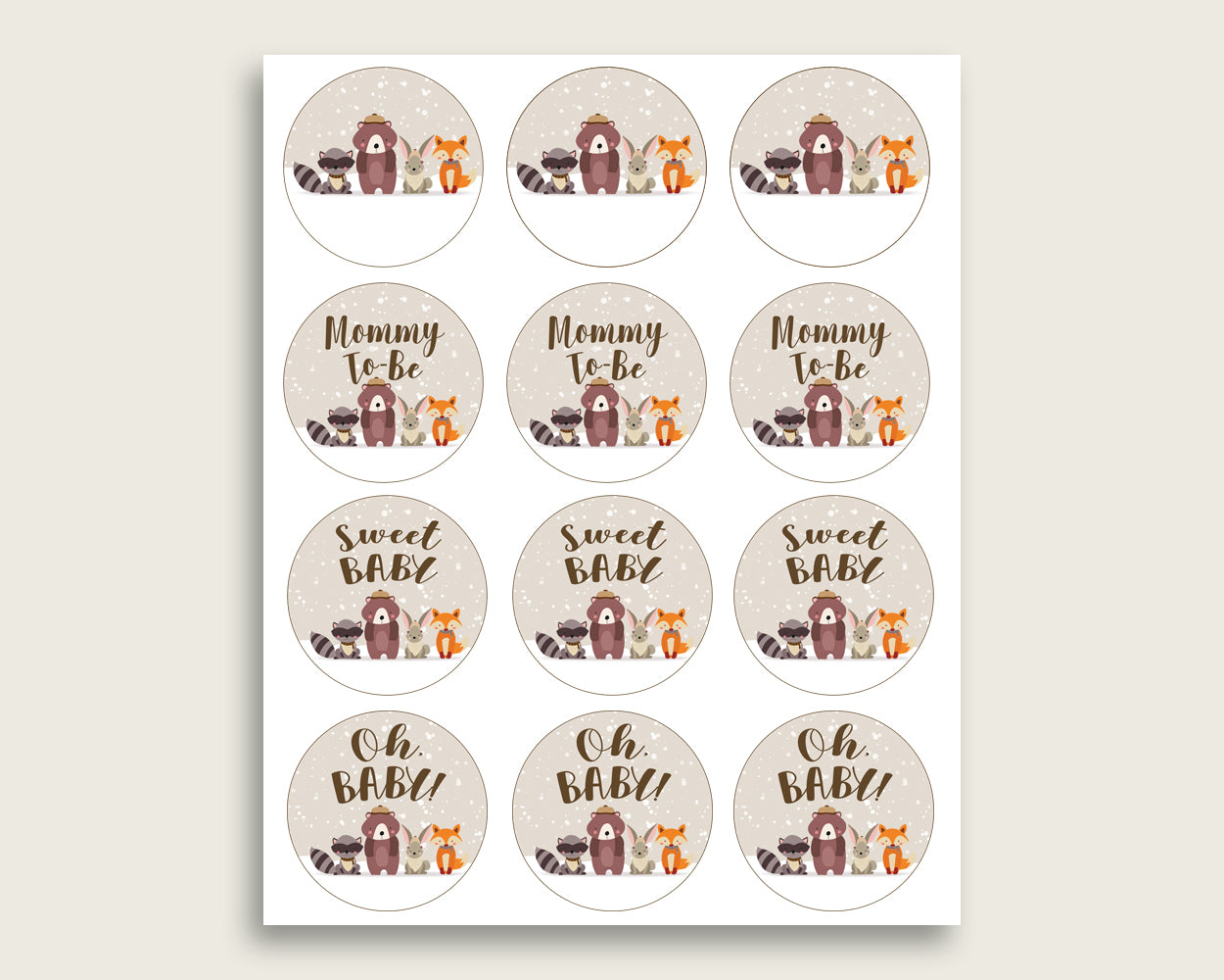 Winter Woodland Cupcake Toppers, Beige Brown Cupcake Wrappers, Toppers Wrappers Baby Shower Gender Neutral, Instant Download, RM4SN