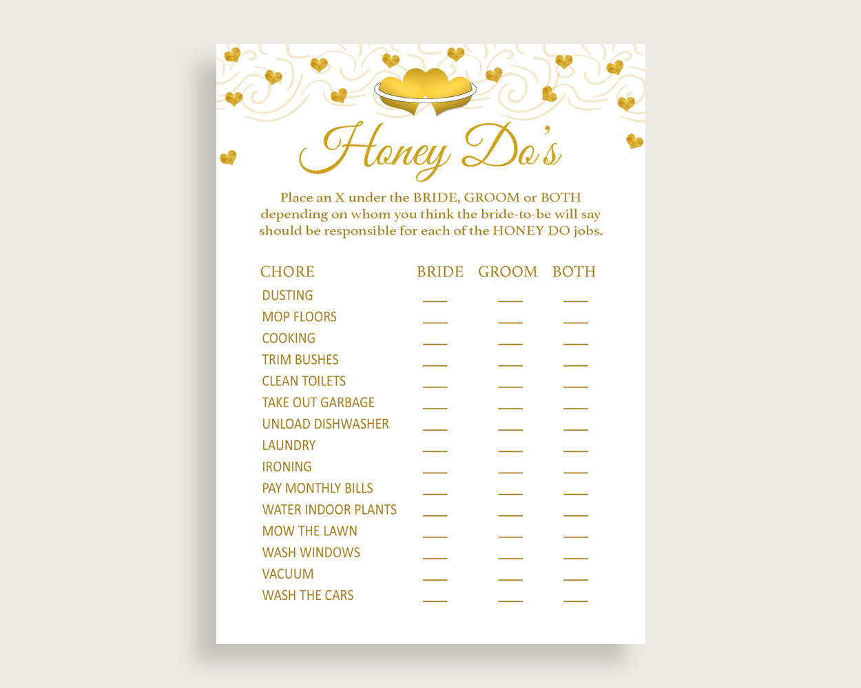 Honey Do List Bridal Shower Honey Do List Gold Hearts Bridal Shower Honey Do List Bridal Shower Gold Hearts Honey Do List White Gold 6GQOT