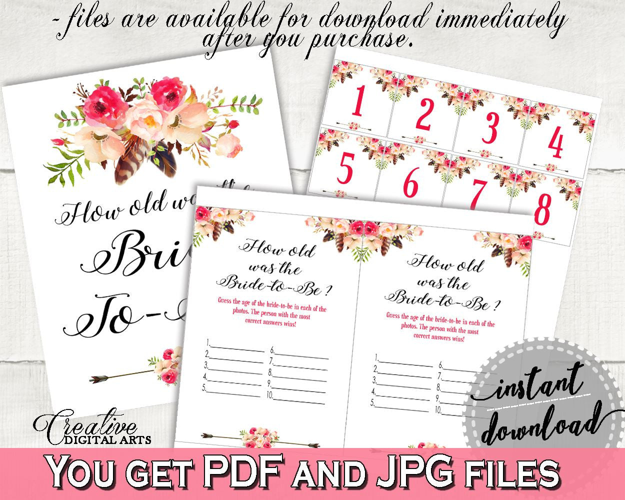 Bohemian Flowers Bridal Shower How Old Was The Bride To Be in Pink And Red, how old is the bride, tribal bohemian, party ideas - 06D7T - Digital Product