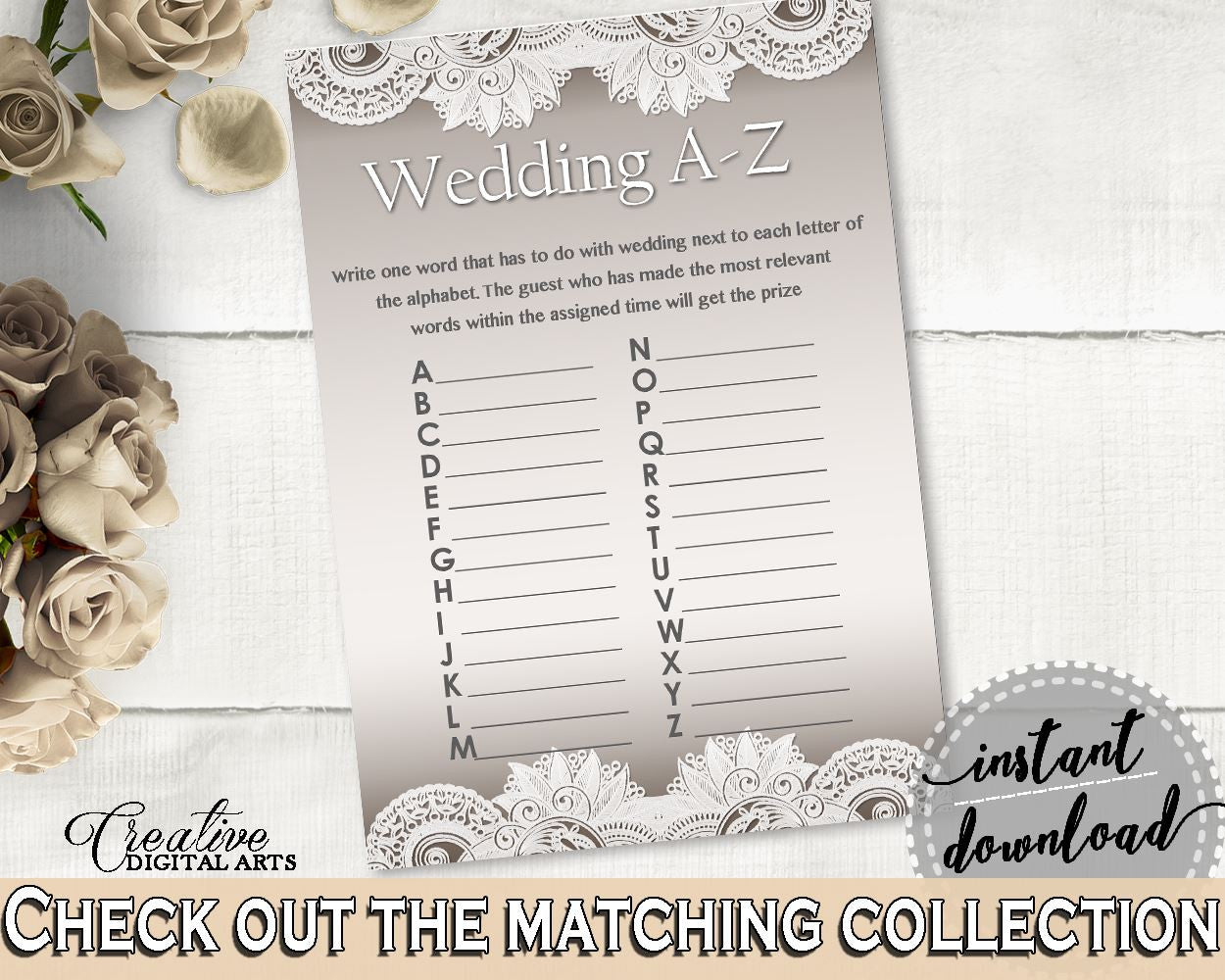 Brown And Silver Traditional Lace Bridal Shower Theme: Wedding A-Z Game - words fun, shower crochet, party organizing, party plan - Z2DRE - Digital Product