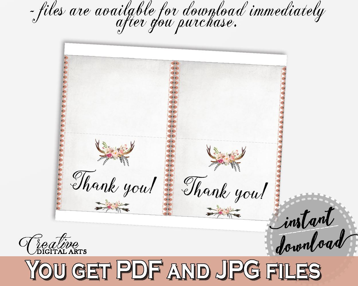 Gray and Pink Antlers Flowers Bohemian Bridal Shower Theme: Thank You Card - note card, grey bridal shower, party stuff, party decor - MVR4R - Digital Product