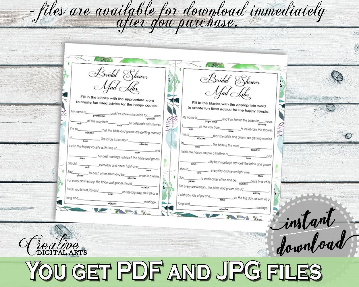 Mad Libs Bridal Shower Mad Libs Botanic Watercolor Bridal Shower Mad Libs Bridal Shower Botanic Watercolor Mad Libs Green White 1LIZN - Digital Product