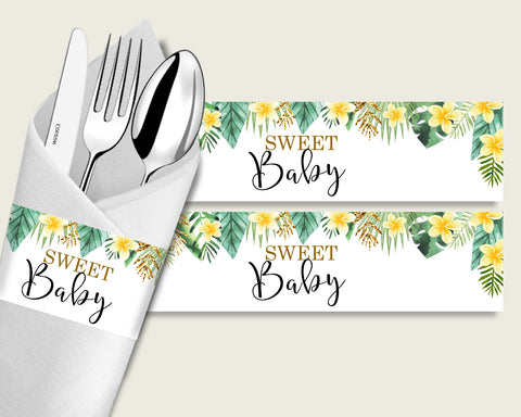 Tropical Baby Shower Napkin Rings Printable, Green Yellow Napkin Wrappers, Gender Neutral Shower Utensils Wrap, Instant Download, 4N0VK