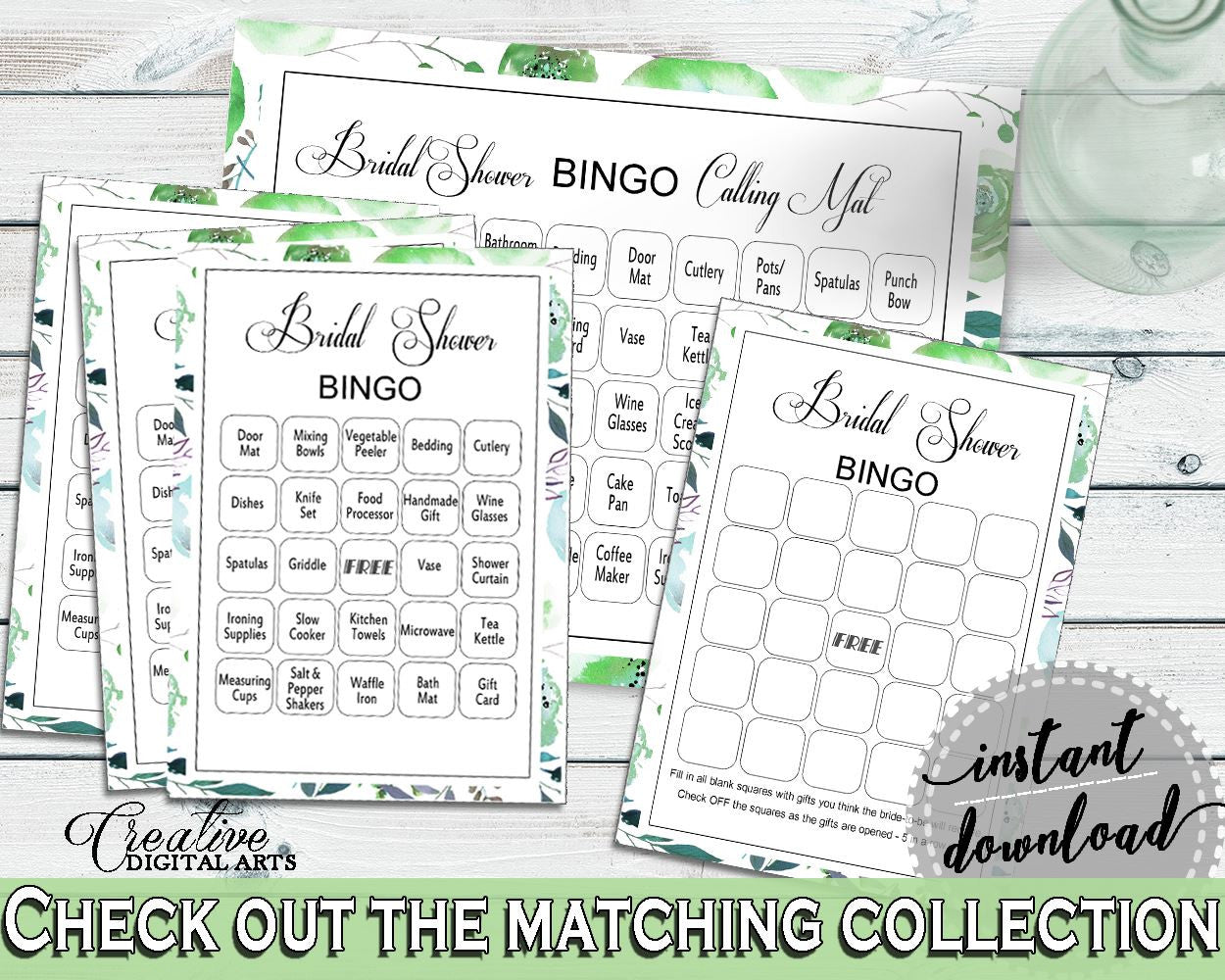 Bingo Bridal Shower Bingo Botanic Watercolor Bridal Shower Bingo Bridal Shower Botanic Watercolor Bingo Green White digital print 1LIZN - Digital Product