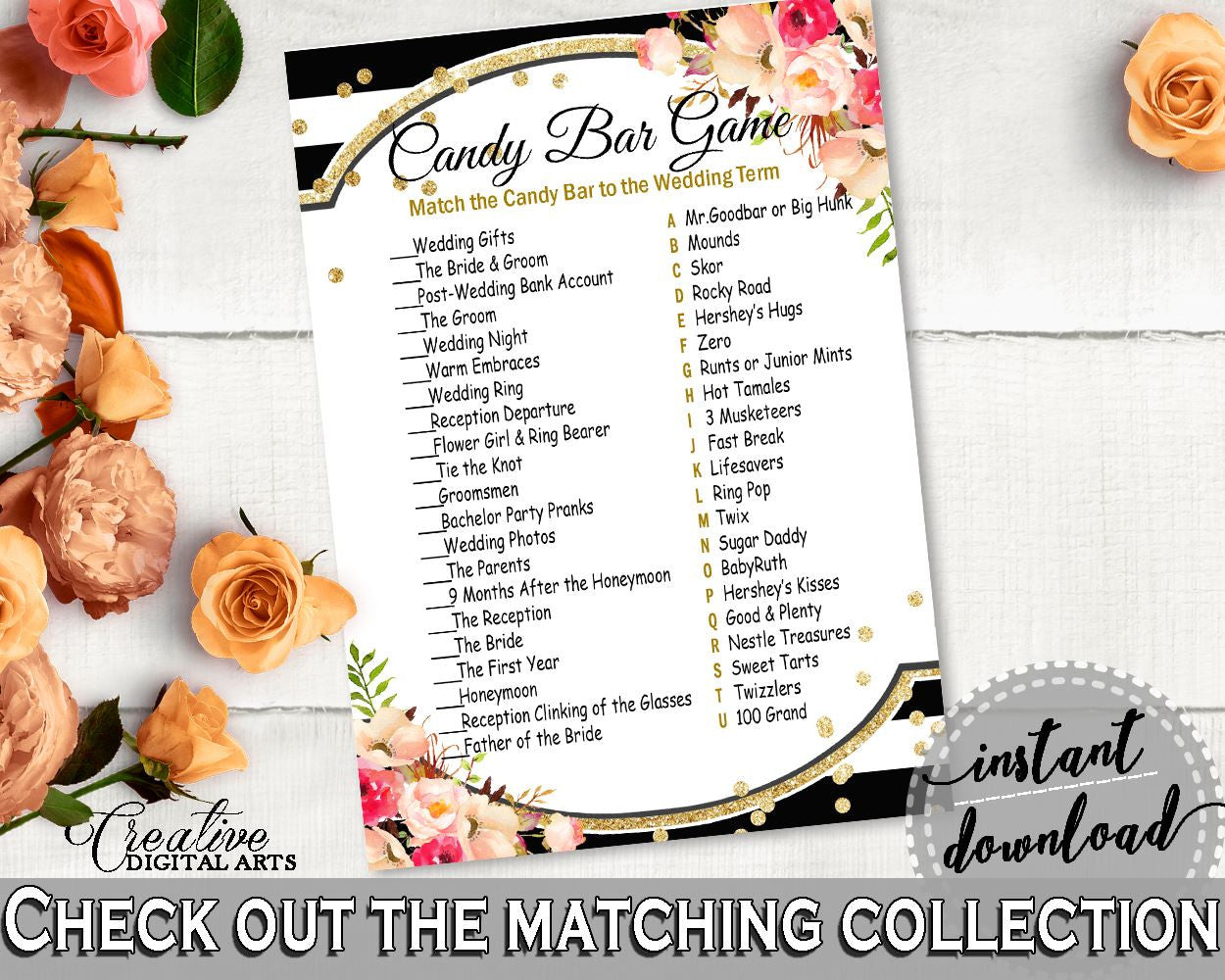 Black And Gold Flower Bouquet Black Stripes Bridal Shower Theme: Candy Bar Game - associate, classic shower, party theme, prints - QMK20 - Digital Product