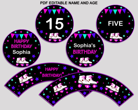 Printable Roller Skates Cupcake Wrapper Roller Skates Birthday Toppers Pink Black Birthday Pics Girl 8NAK7
