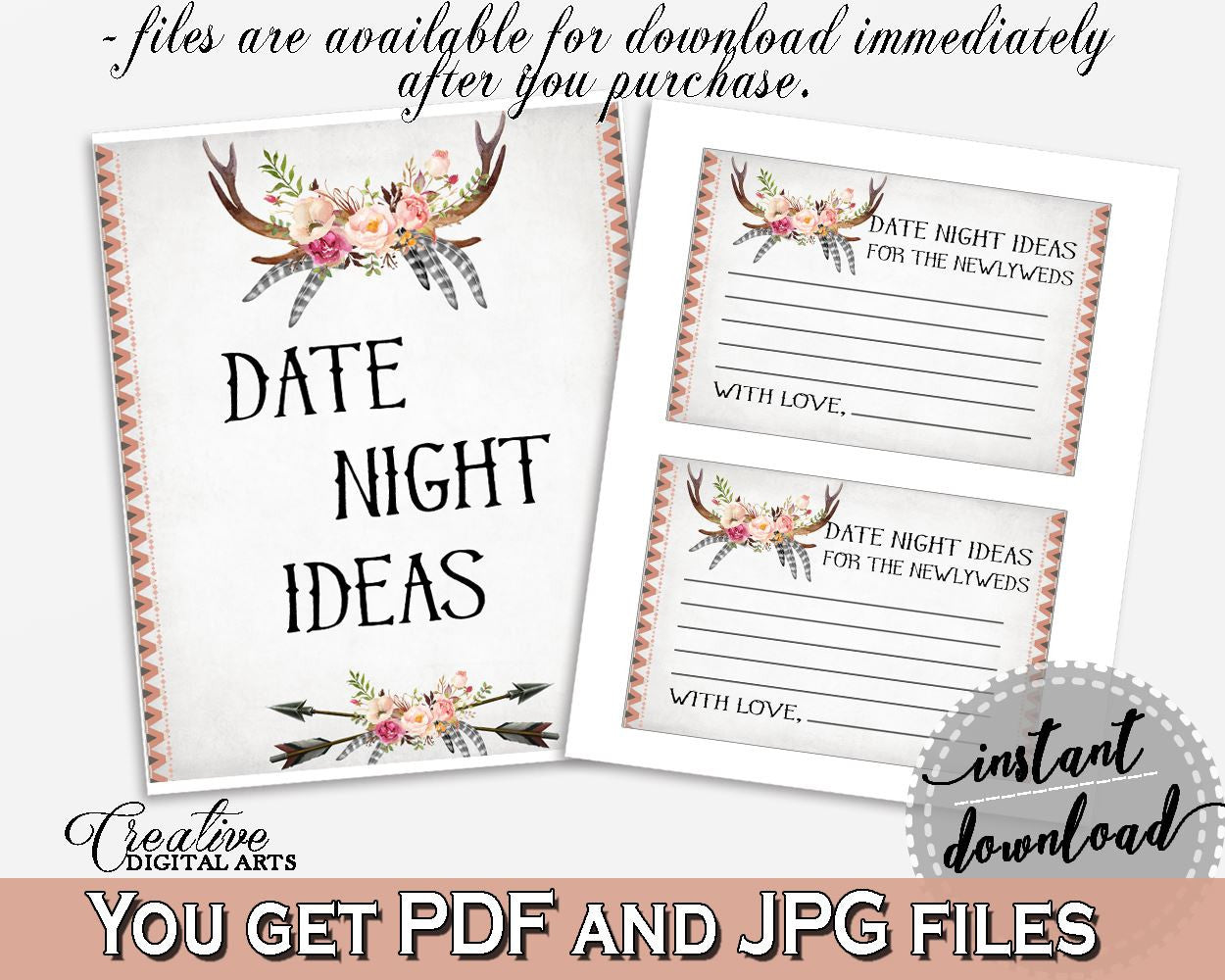 Gray and Pink Antlers Flowers Bohemian Bridal Shower Theme: Date Night Ideas - date night idea sign, blush pink, paper supplies - MVR4R - Digital Product