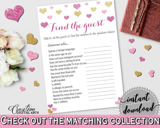 Find The Guest Game in Glitter Hearts Bridal Shower Gold And Pink Theme, adventure game,  bridal shower love, party theme, prints - WEE0X - Digital Product