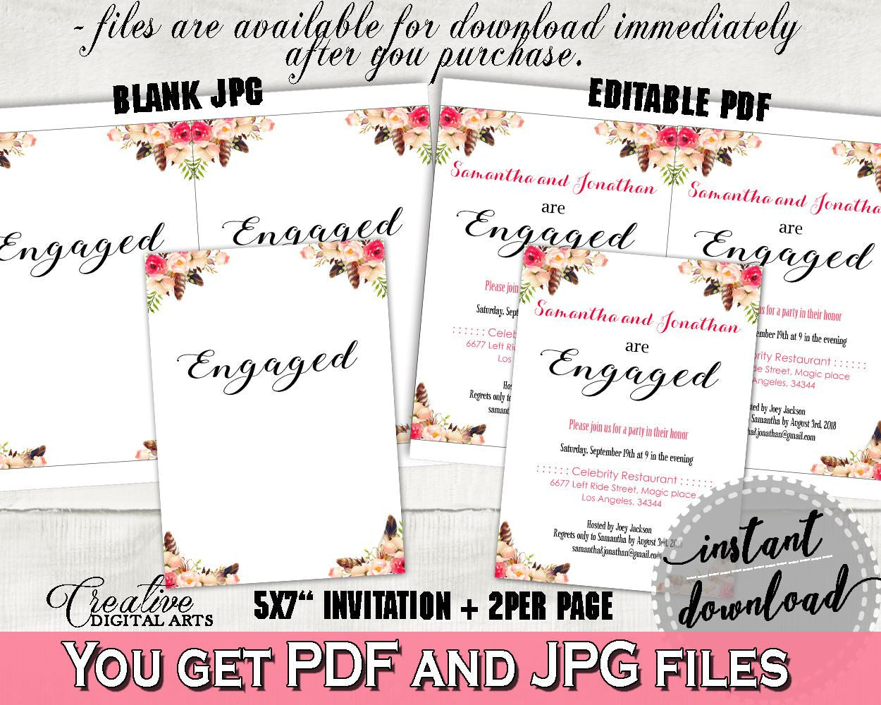 Bohemian Flowers Bridal Shower Engagement Party Invitation Editable in Pink And Red, editable pdf, floral boho, prints, party décor - 06D7T - Digital Product