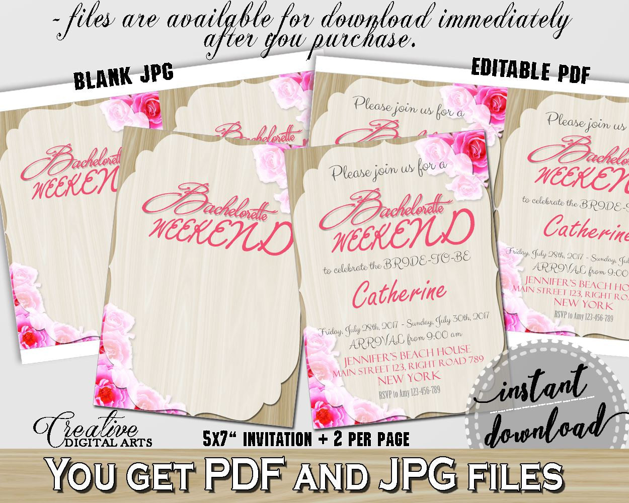 Pink And Beige Roses On Wood Bridal Shower Theme: Bachelorette Weekend Invitation Editable - bash invitation, digital print - B9MAI - Digital Product