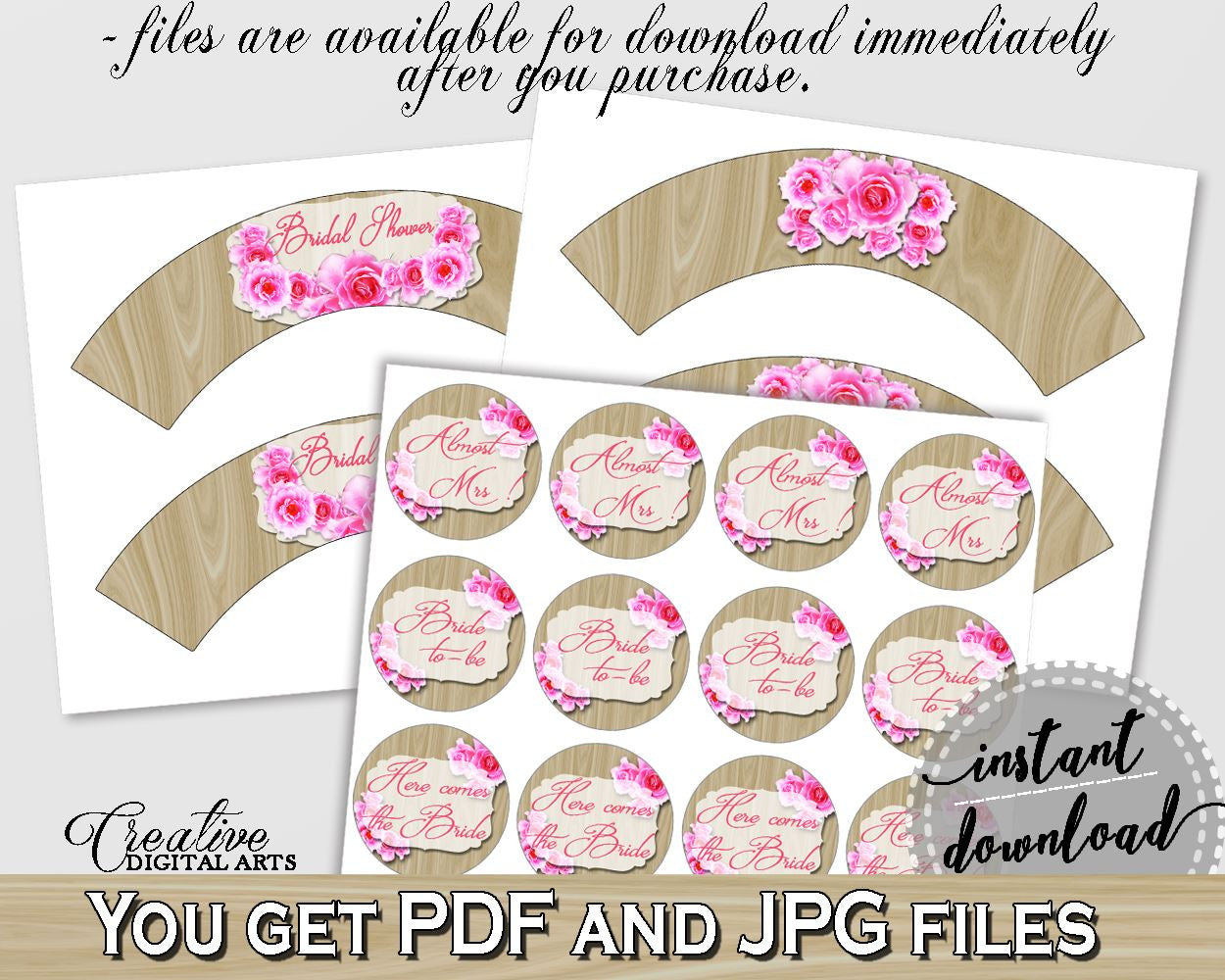 Pink And Beige Roses On Wood Bridal Shower Theme: Cupcake Toppers And Wrappers - cupcake cover, flowers wood, customizable files - B9MAI - Digital Product