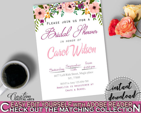 Editable Bridal Shower Invitation in Watercolor Flowers Bridal Shower White And Pink Theme, bridal editable, party décor, prints - 9GOY4 - Digital Product