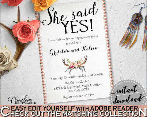 Gray and Pink Antlers Flowers Bohemian Bridal Shower Theme: She Said Yes Invitation Editable - shower invitation, party plan - MVR4R - Digital Product