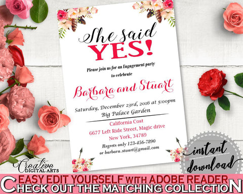 Bohemian Flowers Bridal Shower She Said Yes Invitation Editable in Pink And Red, she said yes shower, party organization, prints - 06D7T - Digital Product