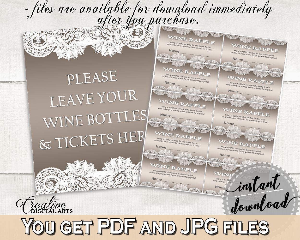 Traditional Lace Bridal Shower Wine Raffle in Brown And Silver, wine raffle tickets, shower crochet, party organizing, party plan - Z2DRE - Digital Product